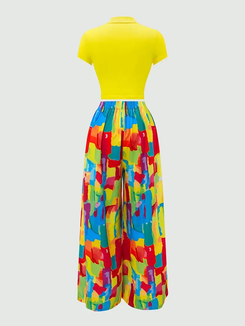 2pcs Set of Short-sleeved Slim-fit T-shirts + Elastic Waist Design Printed Wide-leg Pants for Summer