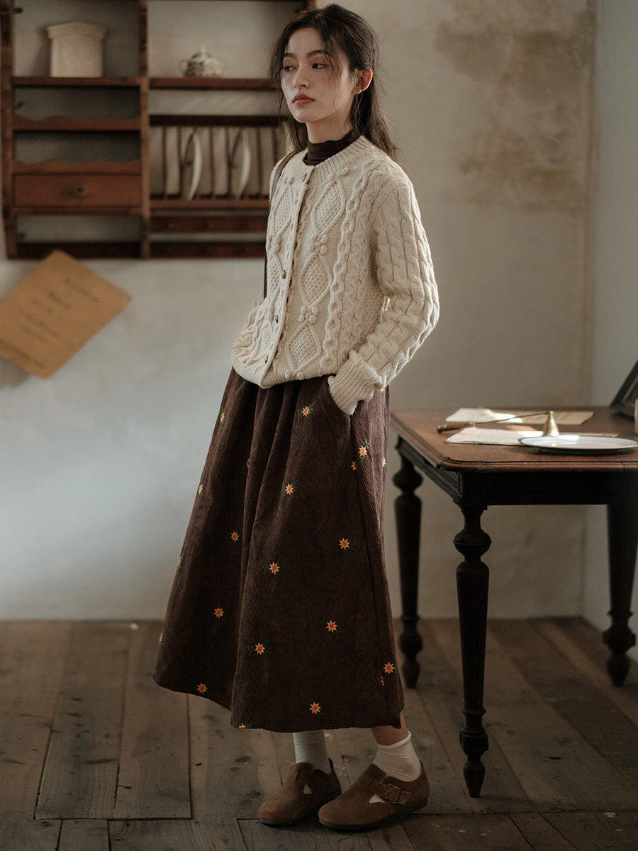 Vintage Corduroy Embroidery Floral High Waist Skirt
