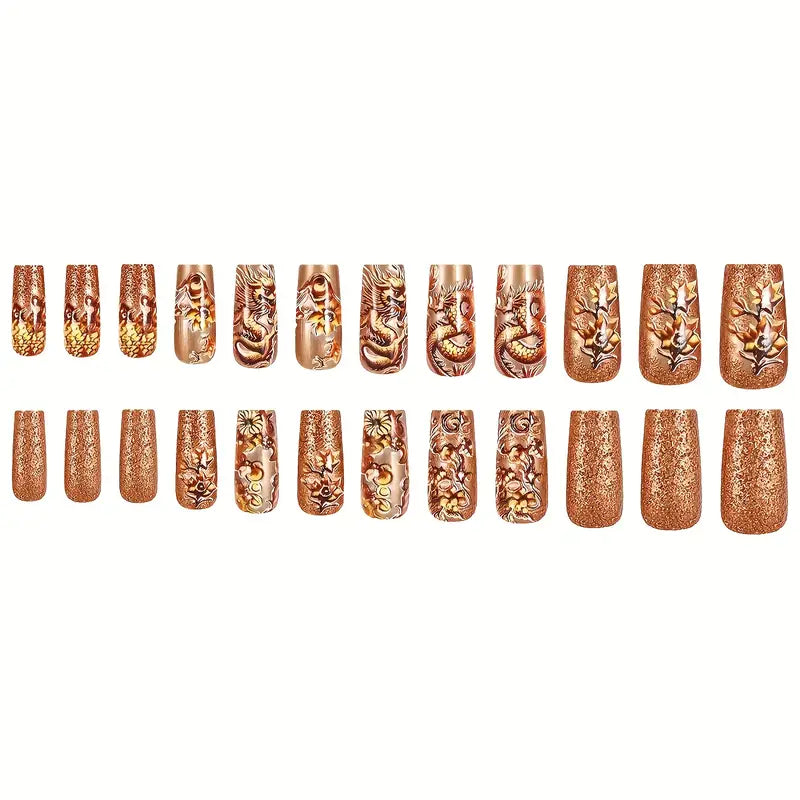 Golden Dragon & Floral Design Press-On Nails - Sparkling Metallic Finish