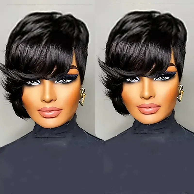 Short Pixie Cut Wig with Bangs 8 Inch Straight Virgin Layered Wigs Throw On and Go Glueless Wigs
