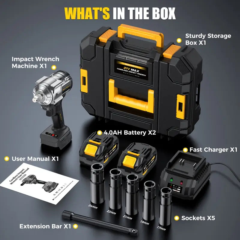 Wireless Impact Wrench, 1200 Nm High-torque Powerful Wrench 1/2 Impact Gun, 2 4.0Ah Batteries