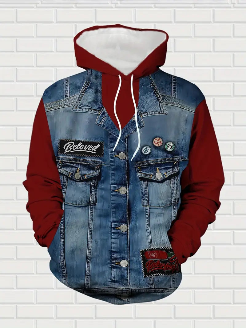 Casual Comfortable Men's Long-Sleeve Sweatshirt Set | Minimalist Denim Pattern Print