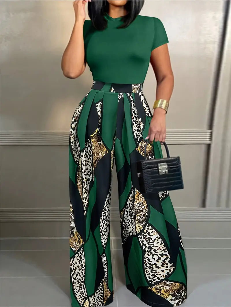 2pcs Set of Short-sleeved Slim-fit T-shirts + Elastic Waist Design Printed Wide-leg Pants for Summer