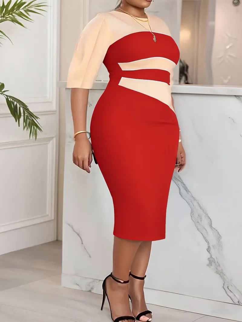 Color Block Crew Neck Dress, Elegant Half Sleeve Slim Dress