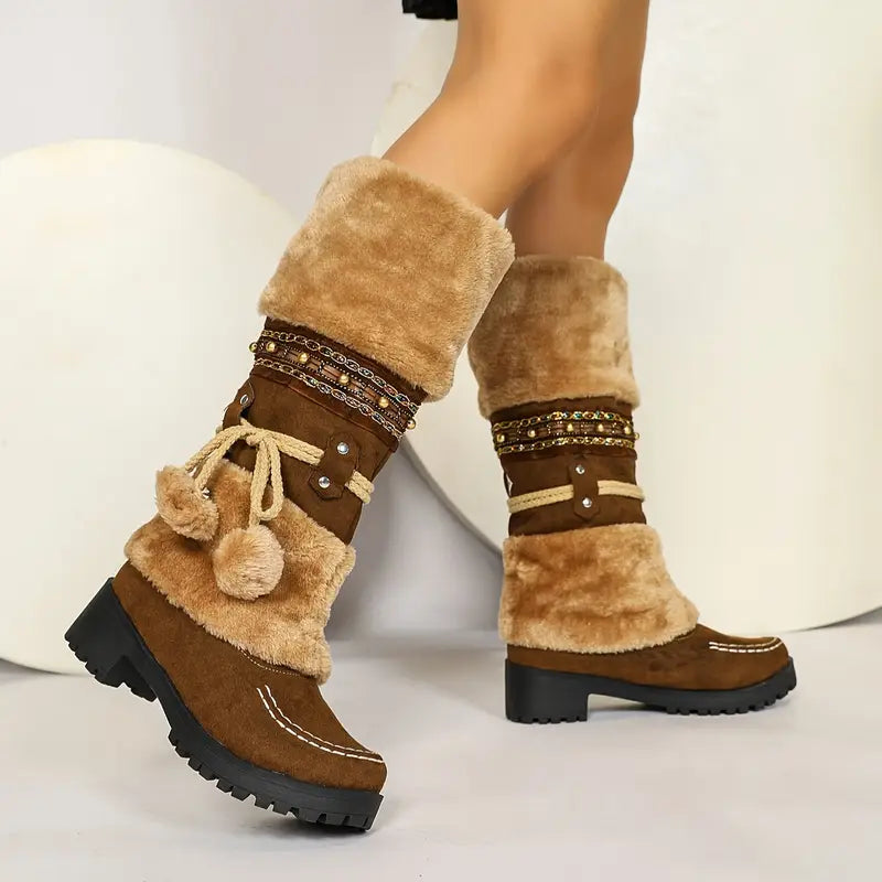 Women's Mid-Calf Boots, Autumn and Winter High Heel Ankle Boots with Faux Fur Lining