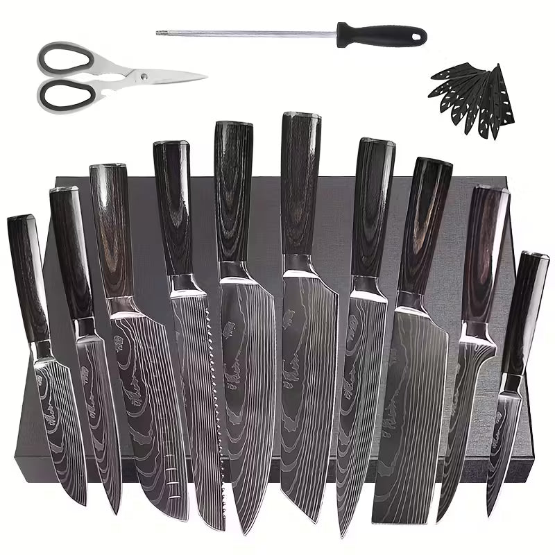 12 Damascus Pattern Kitchen Knives, Stainless Steel Chef'S Knife