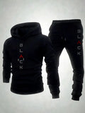 Black Retro Letter Printed Men's Two-piece Casual Round Neck Long Sleeved Hooded Sweatshirt And Sweatpants Set