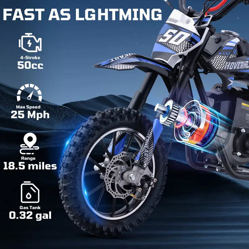 50cc 4-stroke gas motocross bike, motocross bike, top speed 25 mph, range 20 miles, disc brakes, 2.50-10 off-road tires, 165 lbs load capacity, pull start.