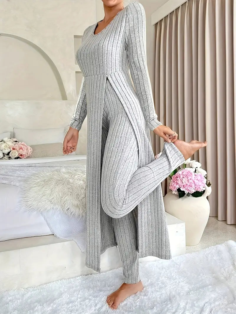 Two-piece Set of Ribbed Long-sleeved Top and Pants for Women