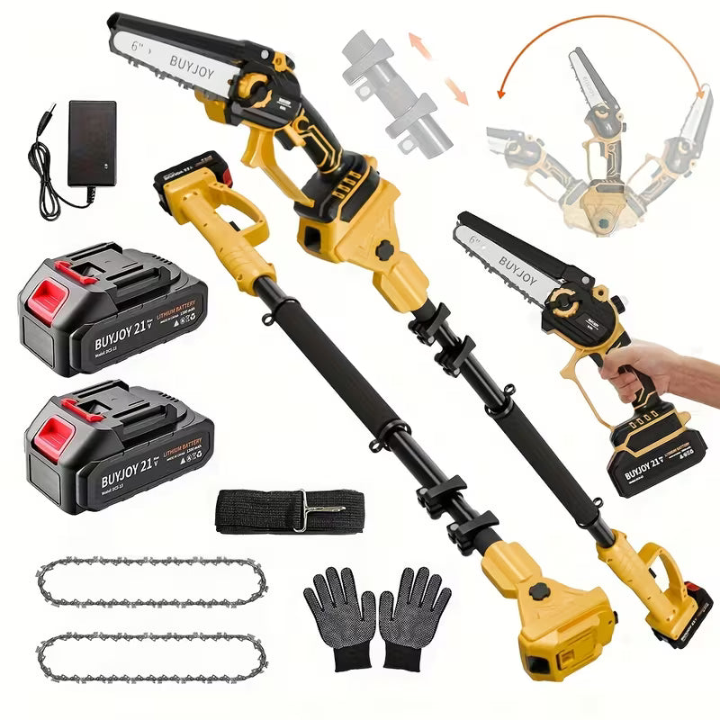 6-inch Mini Chainsaw with Additional Chain, 2-in-1 Cordless Chainsaw with Extension Rod