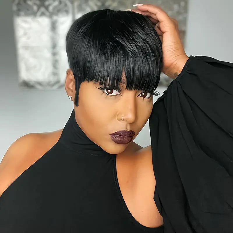 150% Density Brazilian Human Hair Short Pixie Cut Wig for Women with Bangs