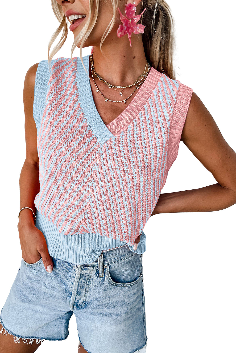 Strawberry Pink Contrast Chevron V Neck Knitted Vest