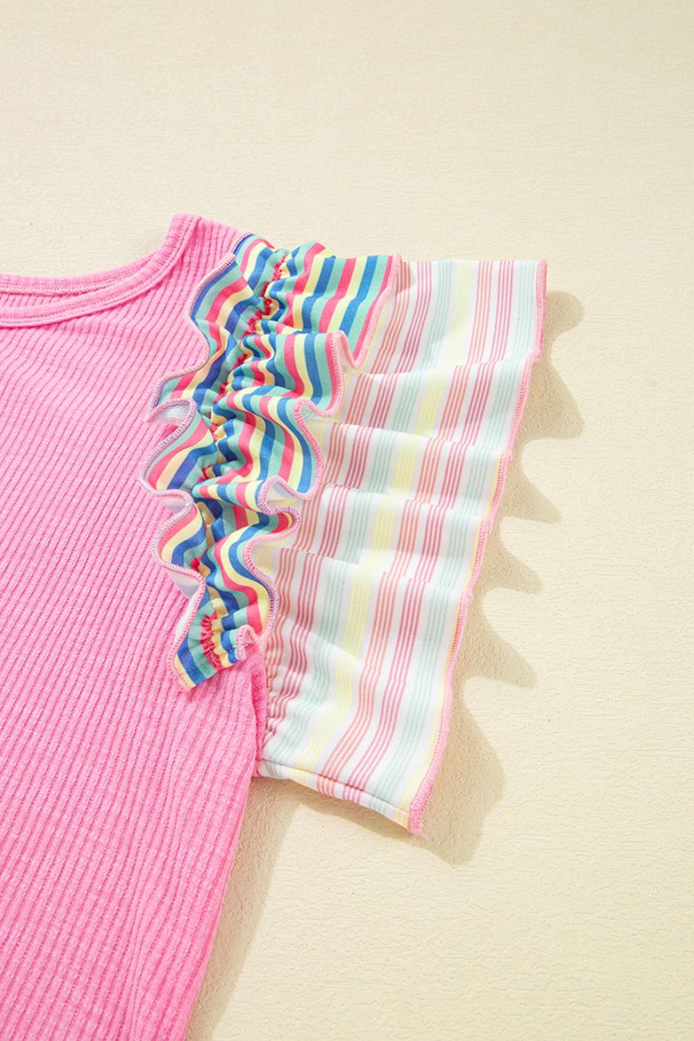 Striped Ruffle Flutter Sleeve Ribbed Blouse