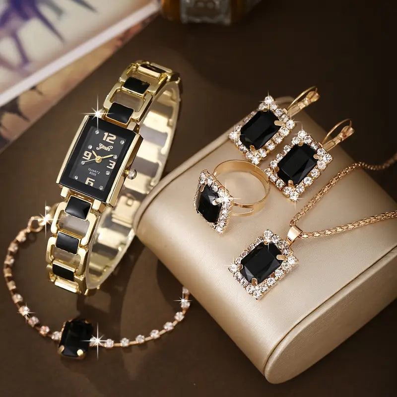 Fashionable small, fresh, retro and simple quartz watch + 5pcs set of black square jewelry set