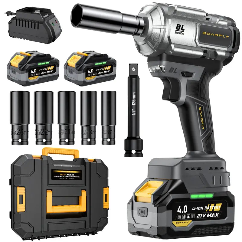 Wireless Impact Wrench, 1200 Nm High-torque Powerful Wrench 1/2 Impact Gun, 2 4.0Ah Batteries
