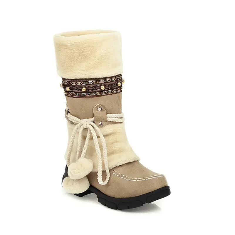 Women's Mid-Calf Slip-On Winter Snow Boots with Suede & Faux Fur, Striped Jingle Bells