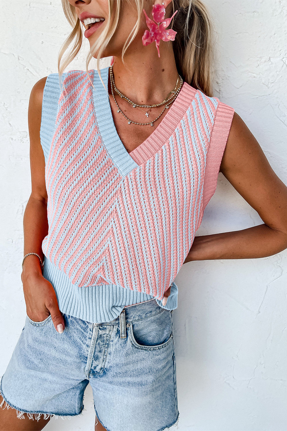 Strawberry Pink Contrast Chevron V Neck Knitted Vest