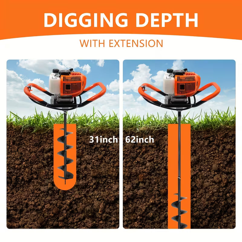 62CC Auger Post Hole Digger With 2 Auger Drill Bits(6" & 8") + 1 Extension Rods, 2 Stroke Gas Powered Earth Post Hole Digger