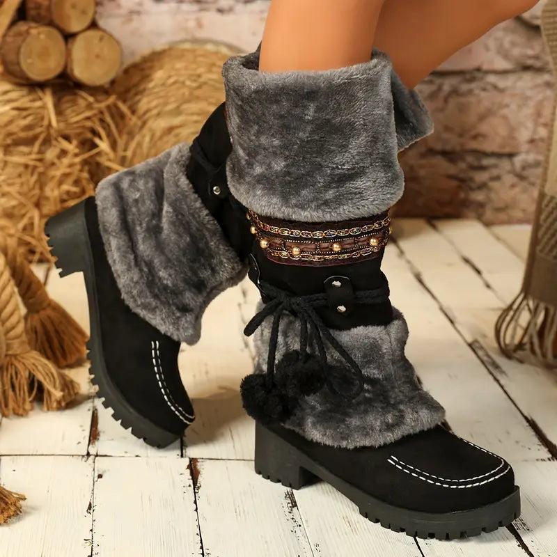 Women's Mid-Calf Boots, Autumn and Winter High Heel Ankle Boots with Faux Fur Lining