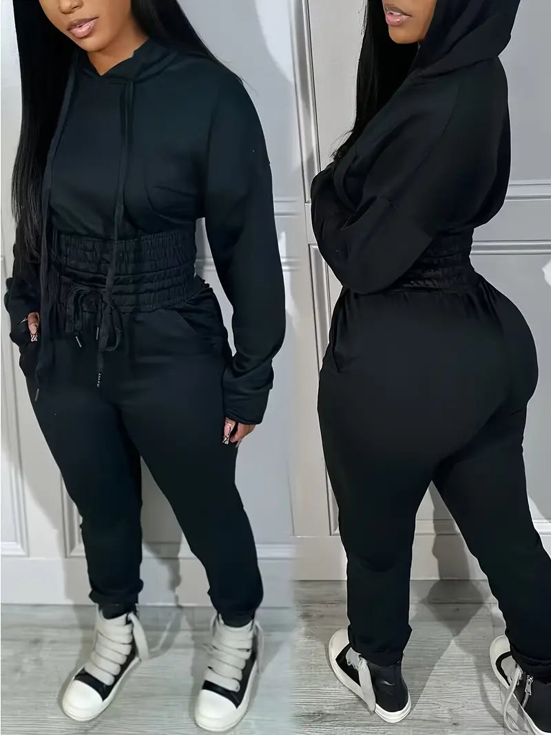 2 Piece Outfits Lounge Hoodie Shirred Waist Pocket Design Sweatshirt Cuffed Jogger Sweatpants Tracksuit