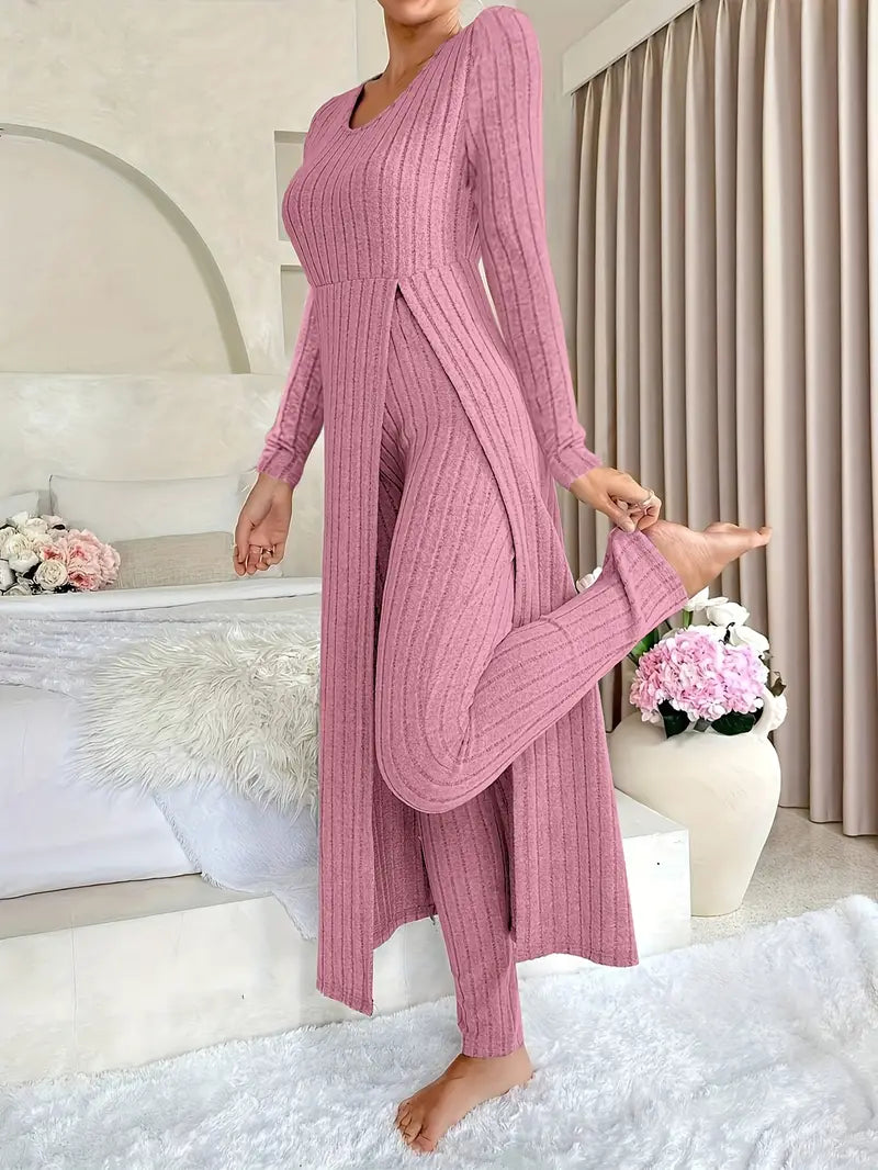 Two-piece Set of Ribbed Long-sleeved Top and Pants for Women