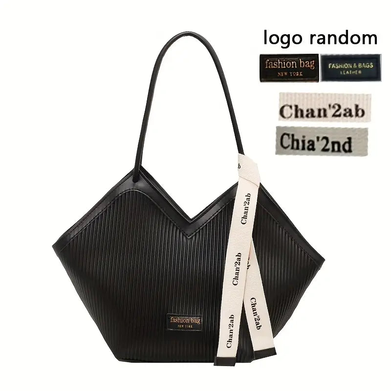 Durable PU Tote Bag - Stylish Love-Themed, Black with Golden-Tone Hardware