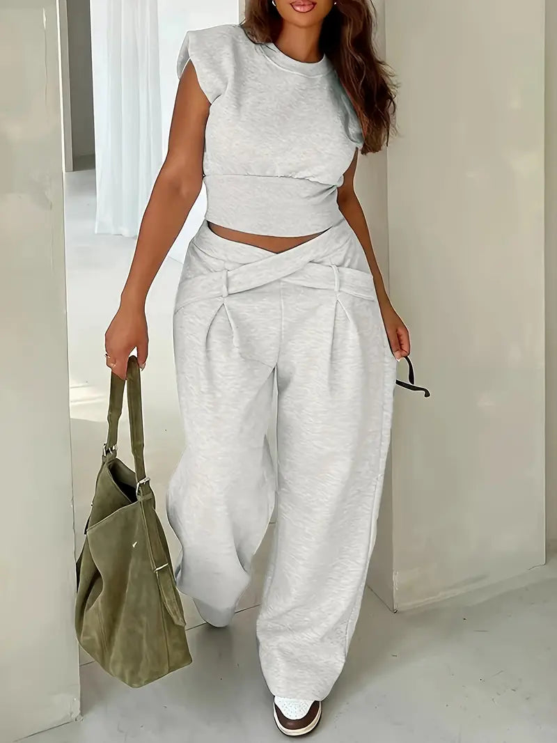 Long Sleeve Loose Top Polyester Blend Women'S Casual Solid Color Ribbed Pantsuit Set
