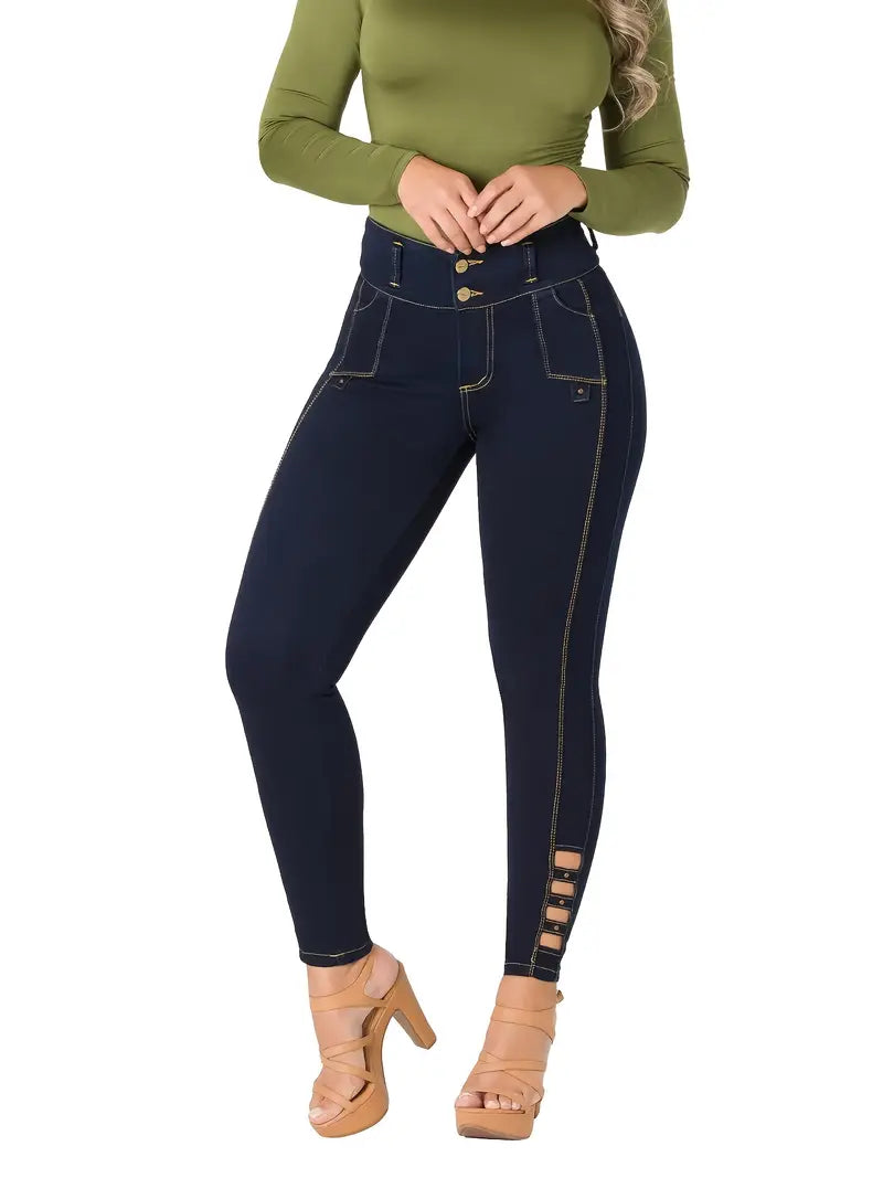 Women's High-Waisted Stretchy Slim-Fit Dark Blue Distressed-like Leg Jeans