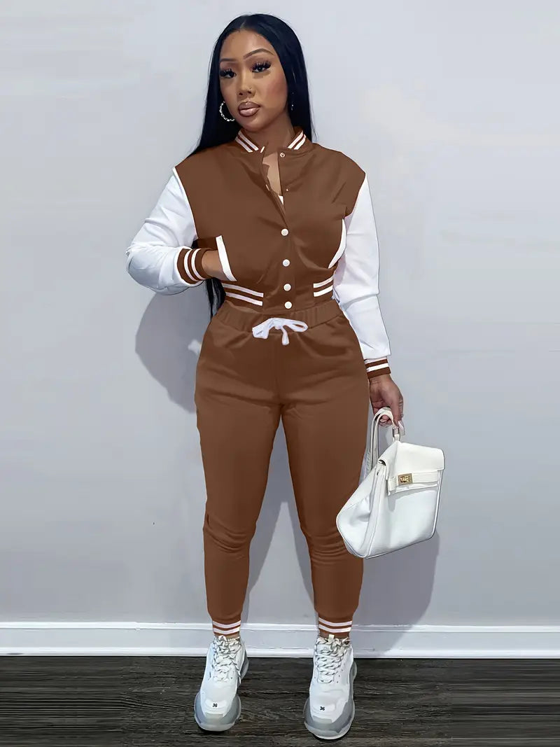Women'S Baseball Jacket and Jumpsuit Set - Casual Two-Piece with Drawstring Waist, Button-Up Collar