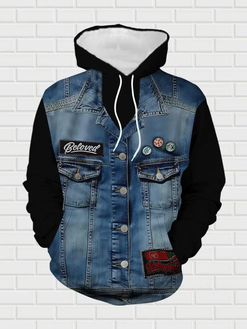 Casual Comfortable Men's Long-Sleeve Sweatshirt Set | Minimalist Denim Pattern Print