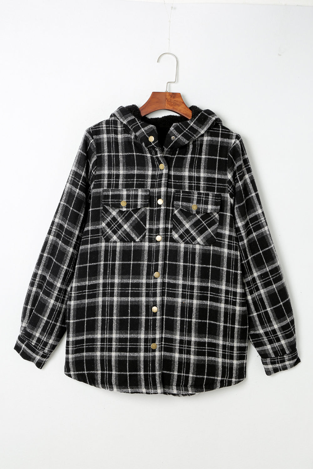 Plaid Pattern Sherpa Lined Hooded Shacket