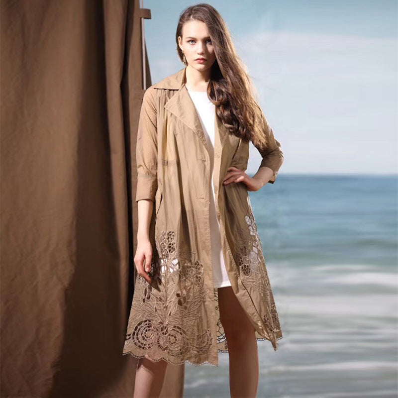 Summer New Mid-length Large Size Retro Thin Embroidery Hollow Women's Long-sleeved Windbreaker