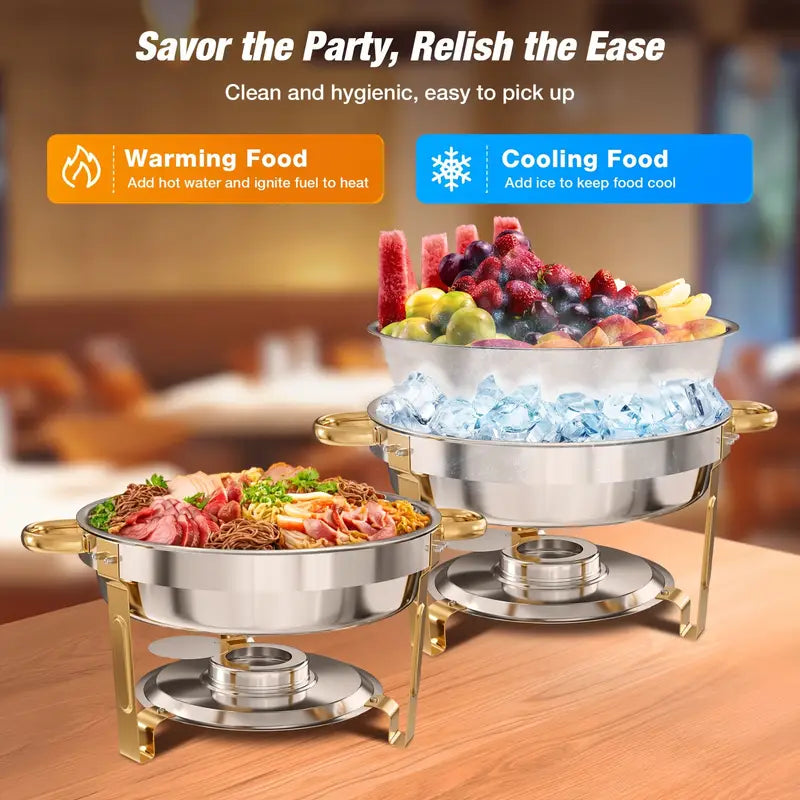 WARMOUNTS 2/4 Pack Golden & Silvery 5QT Chafing Dishes for Buffet with Glass Lid - Food-Grade Stainless Steel Chafers and Buffet Warmers with Lid Holder