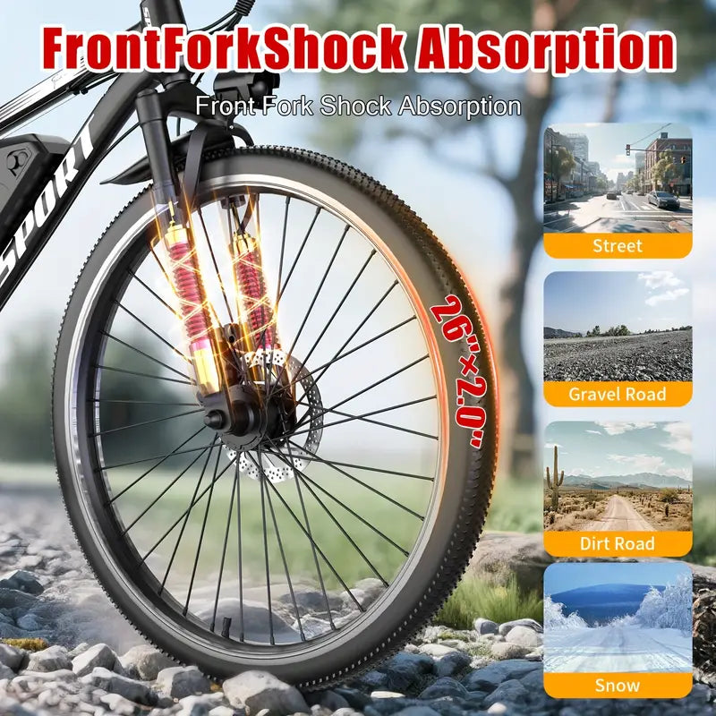 26-Inch Adult Electric Bicycle, Peak 740W Brushless Motor, 20MPH