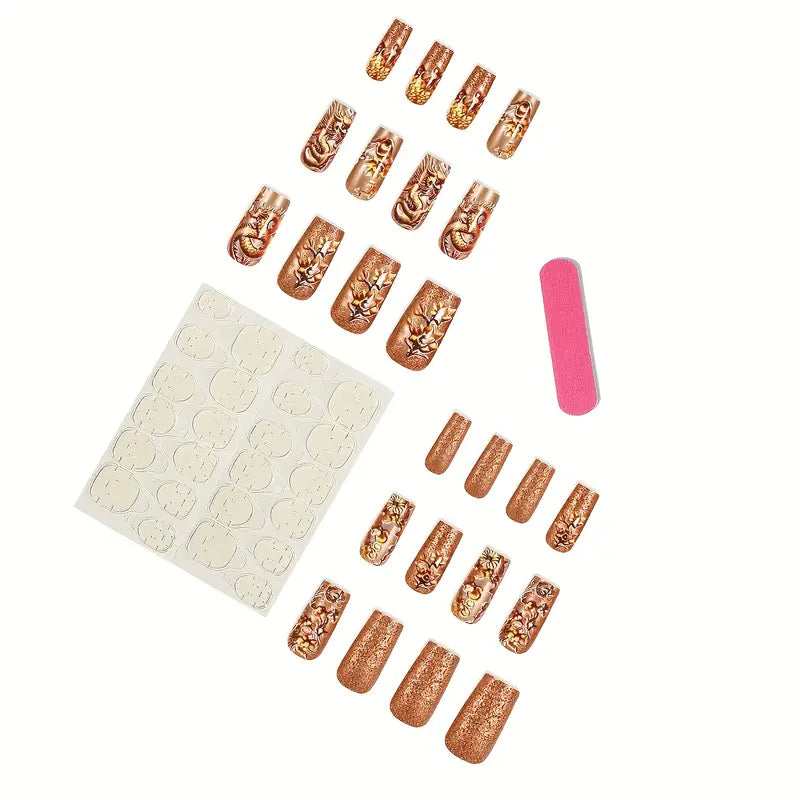 Golden Dragon & Floral Design Press-On Nails - Sparkling Metallic Finish