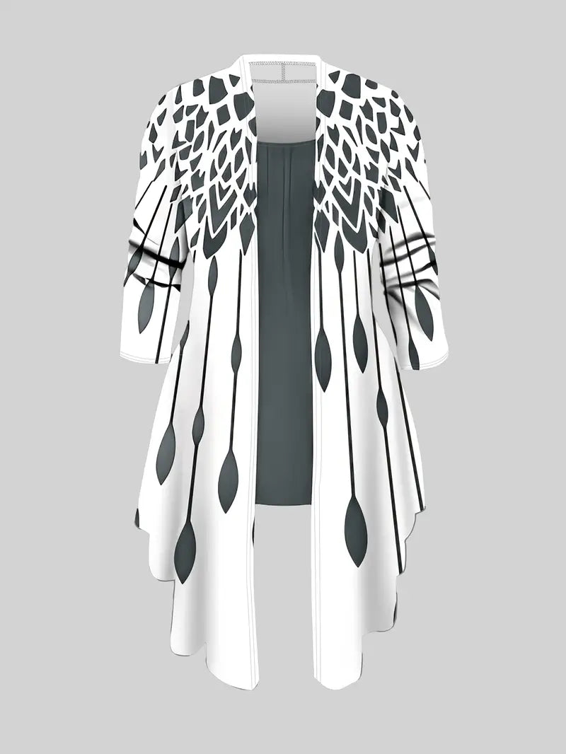 Women's 3pcs Collision Set: Geometric Print Cardigan, Sleeveless Vest And Solid Color Pant Set