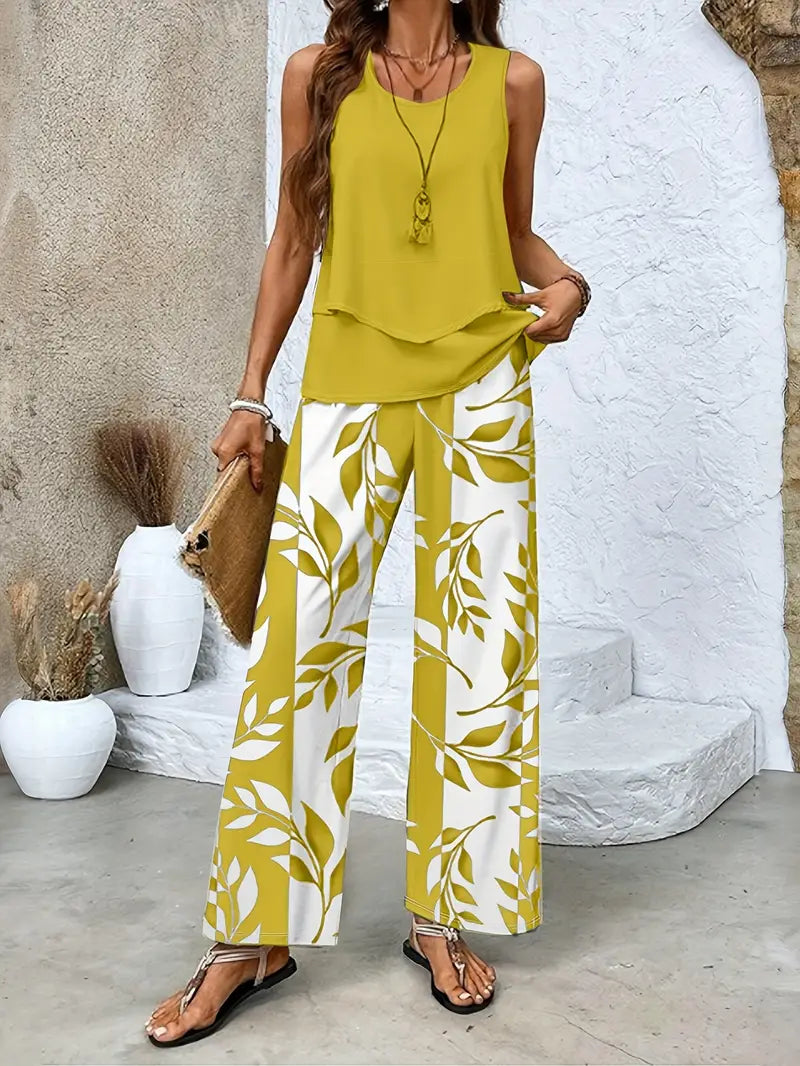 Casual Solid Color Sleeveless Top + Floral Print Wide-Leg Pants - Spring/Summer Fashion