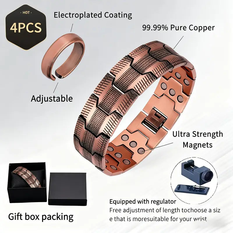 4pcs, 1 Men's magnetic bracelet+1 ring, featuring 3 rows of neodymium magnets with 99.9% pure copper structure