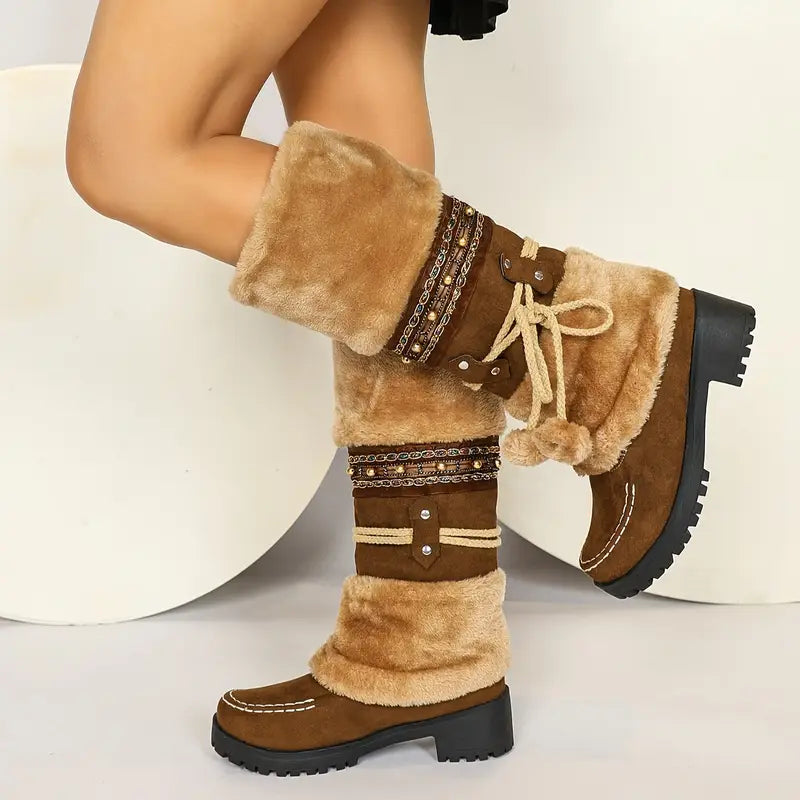 Women's Mid-Calf Boots, Autumn and Winter High Heel Ankle Boots with Faux Fur Lining