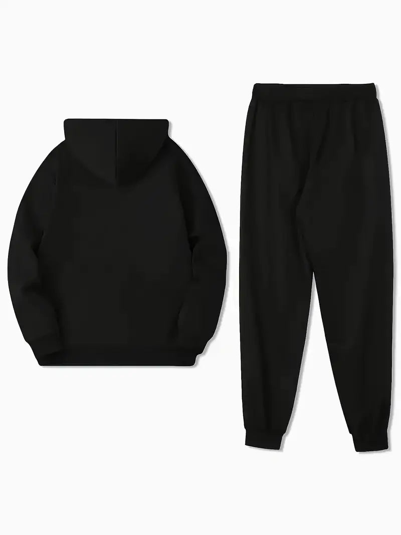Black Retro Letter Printed Men's Two-piece Casual Round Neck Long Sleeved Hooded Sweatshirt And Sweatpants Set