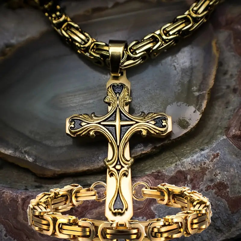 2pcs vintage necklace, Cuban chain beads, weight sense men fashion pin, hand pin set