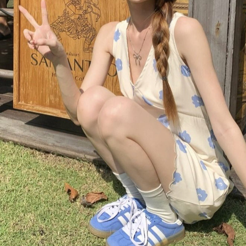 Retro Gentle Flowers V-neck Sleeveless Vest Dress