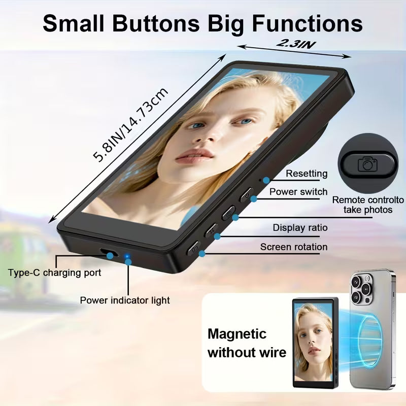 Magnetic Vlog Selfie Monitor Screen with BT Remote & Accessories