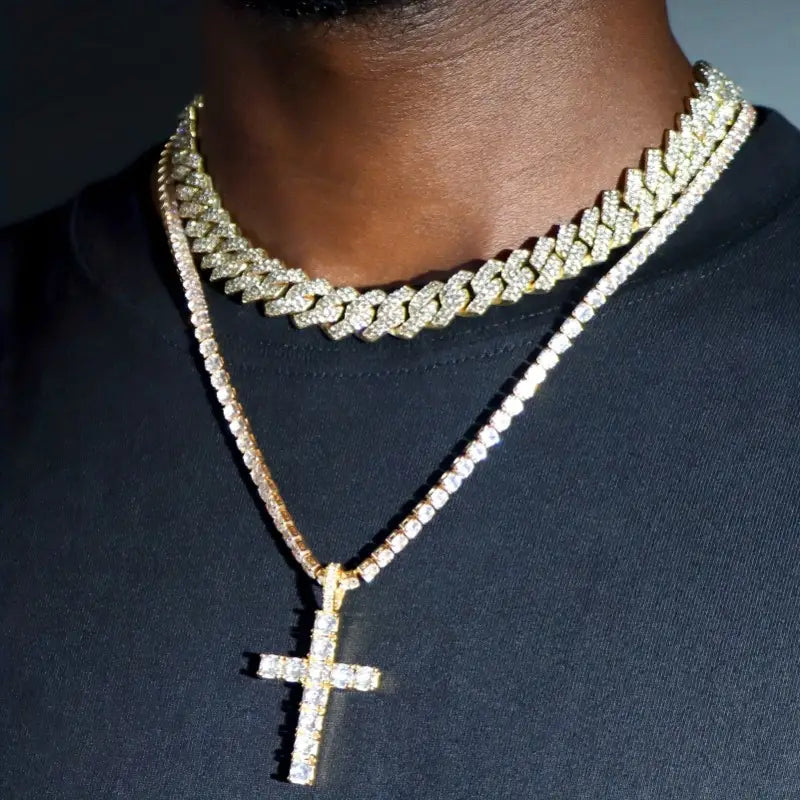 2-piece Men's Cross Pendant Necklace and Cuban Chain Set
