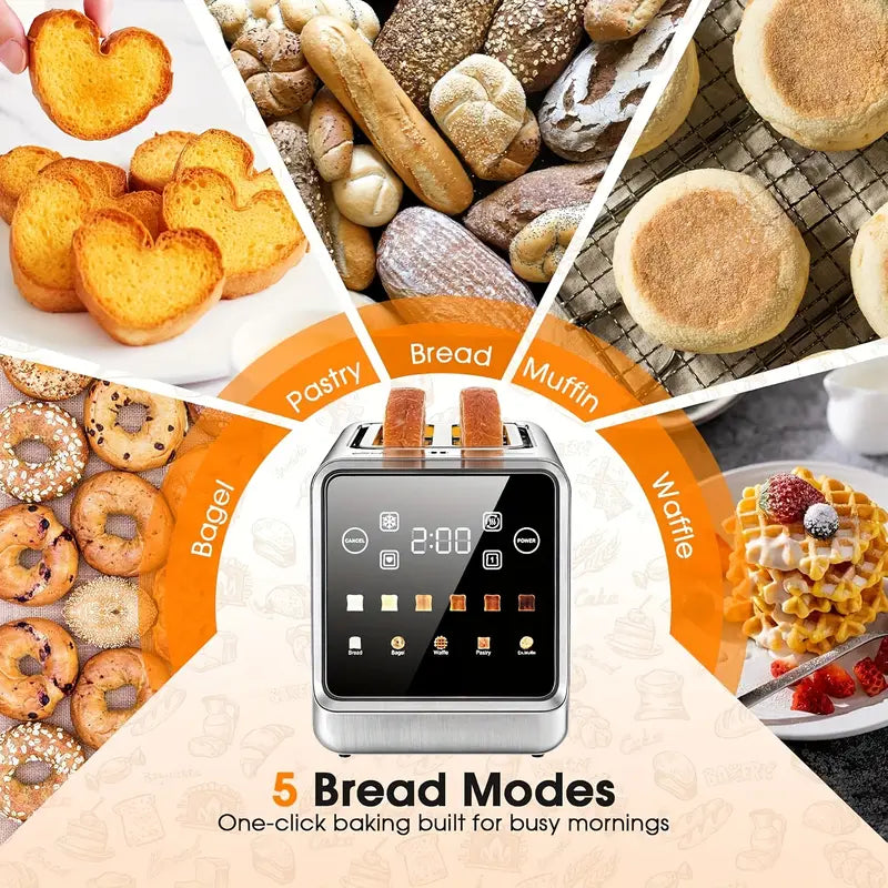 Touch Screen Toaster 2 Slice, Stainless Steel Smart Digital Toasters with Memory Function