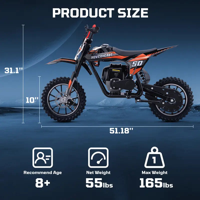 50cc 4-stroke gas motocross bike, motocross bike, top speed 25 mph, range 20 miles, disc brakes, 2.50-10 off-road tires, 165 lbs load capacity, pull start.