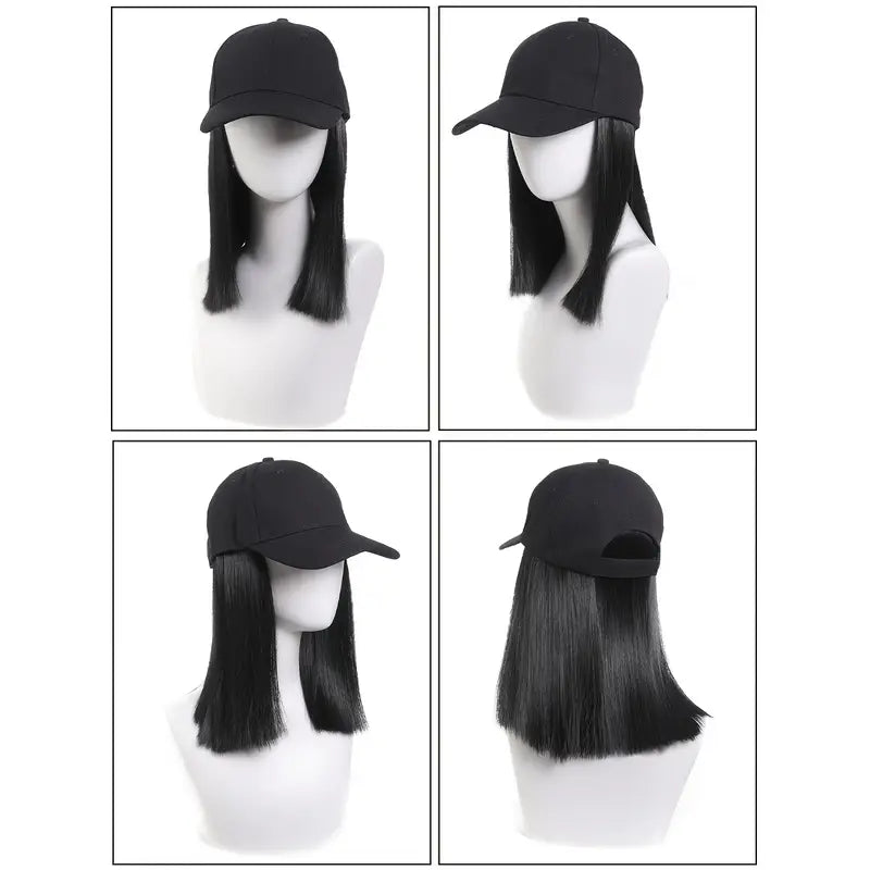 10 Inch Synthetic Straight Hair Black Baseball Cap for Women, Heat Resistant Fiber Hat Suitable for Daily Casual Use