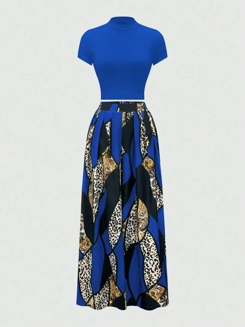 2pcs Set of Short-sleeved Slim-fit T-shirts + Elastic Waist Design Printed Wide-leg Pants for Summer