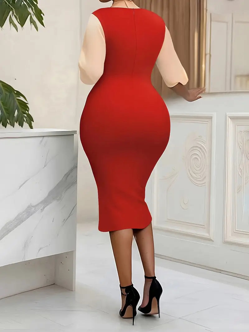 Color Block Crew Neck Dress, Elegant Half Sleeve Slim Dress