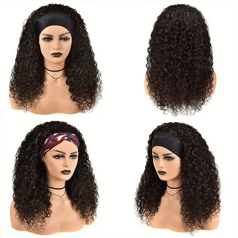 Headband Wig Human Hair Curly Headband Wigs for Human Hair Glueless None Lace Front Wigs Brazilian Virgin Hair Wig Machine Made 180% Density Natural Black Color Breathable